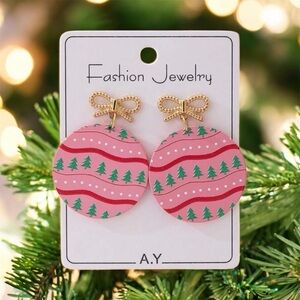 Festive Pink and Green Tree Earrings